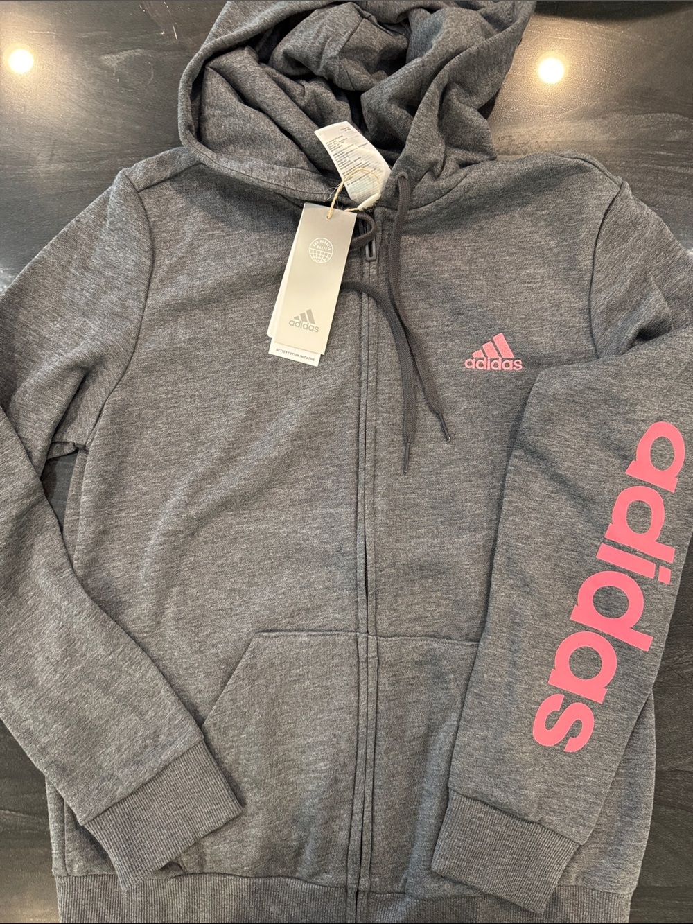 Adidas Grey Zip-Up Hoodie with Pink Logo and Sleeve Script